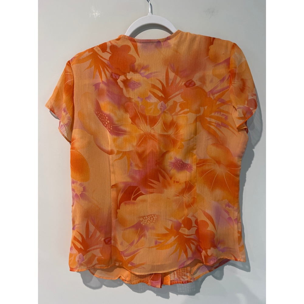Coldwater Creek Orange Tropical Lined Floral Ruffle V-Neck Chiffon Blouse Medium - Picture 3 of 5